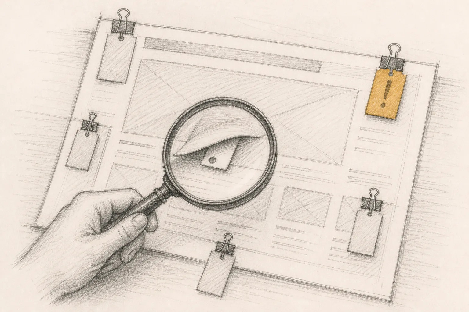 A magnifying glass held over a printed webpage layout, revealing a hidden tag beneath the page with several small labelled tags clipped around it, one of them highlighted.