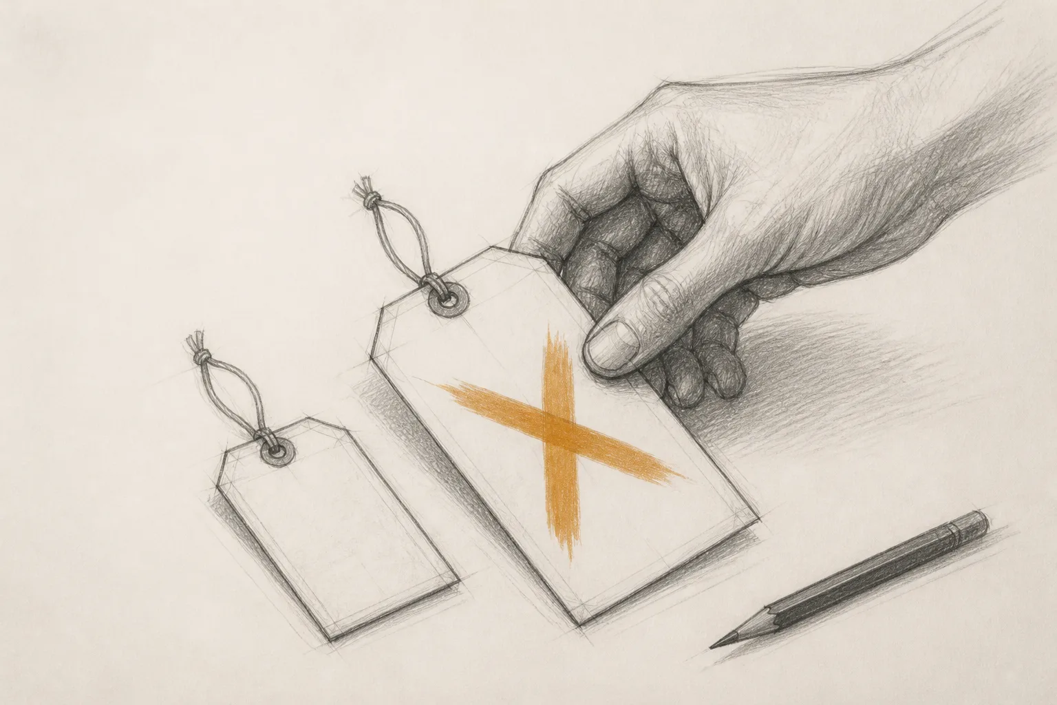 A hand sorting two paper tags on a desk, one small and plain, the other larger and marked with a bold highlight.