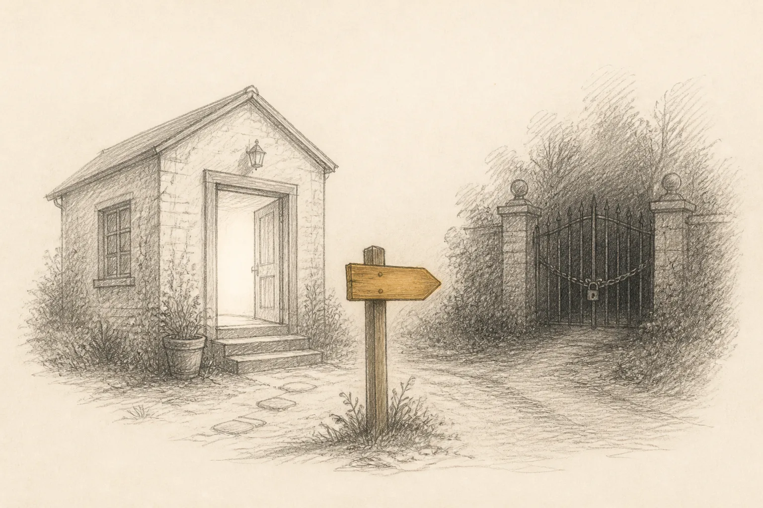 A signpost pointing toward a locked gate instead of an open doorway, beside a small building.