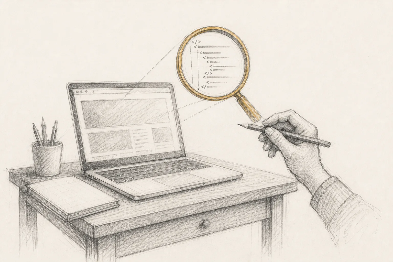 A hand sketching over a laptop screen, revealing HTML code lines