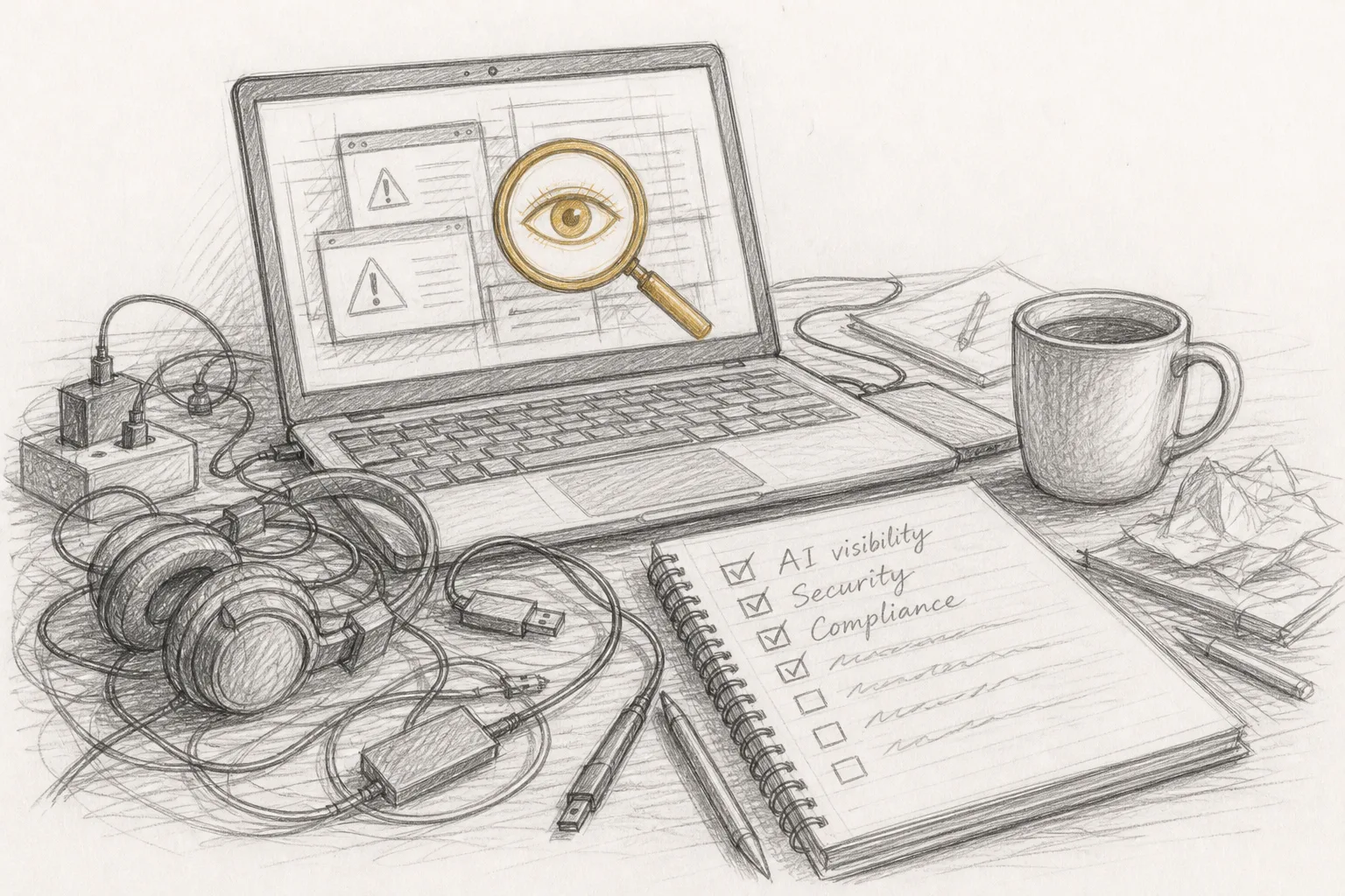 A cluttered desk scene with a laptop showing error messages, notebook with checklist items, one area highlighted in ochre to represent website audit sections