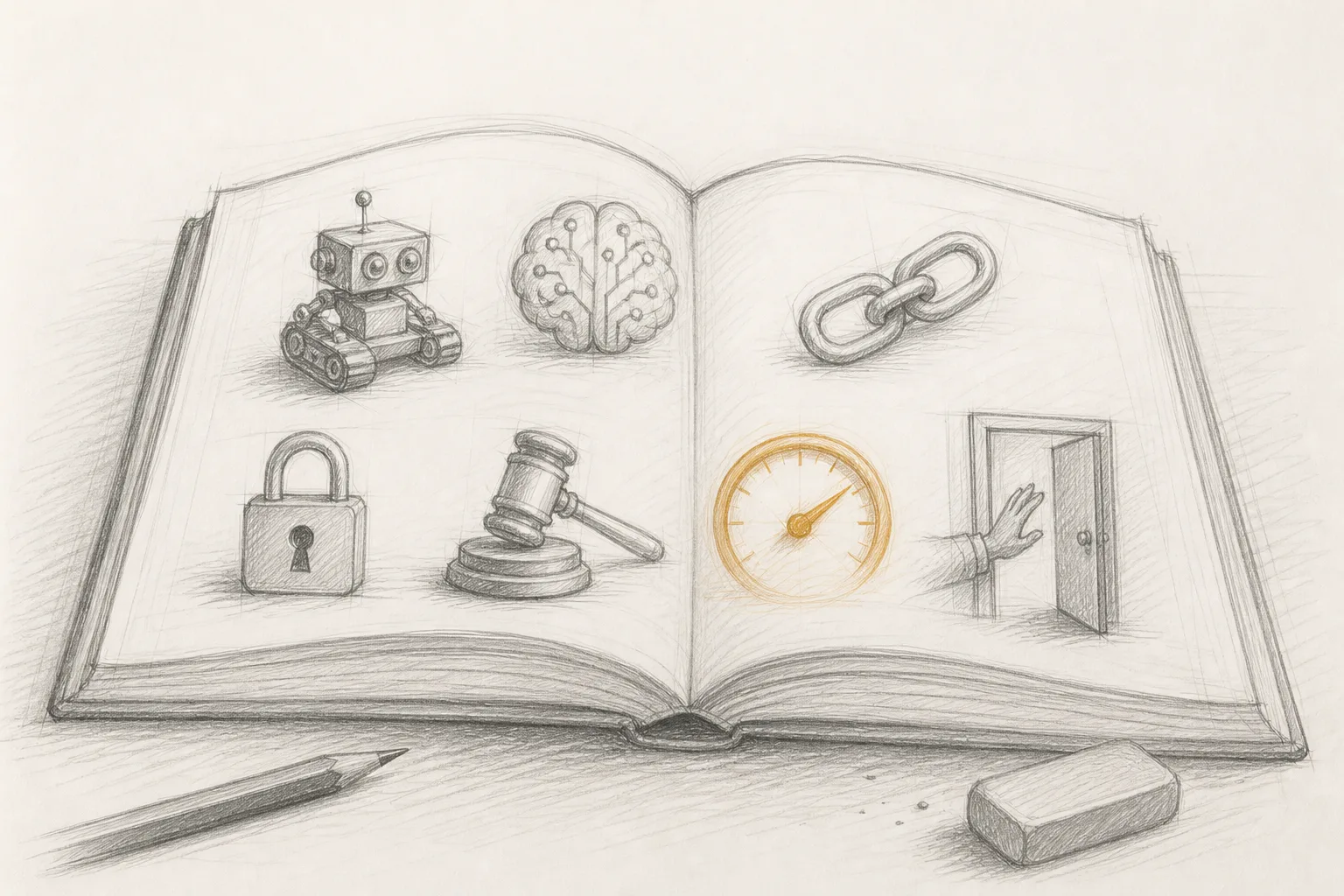 Open book with scattered icons for the seven audit areas, one speedometer icon highlighted in ochre