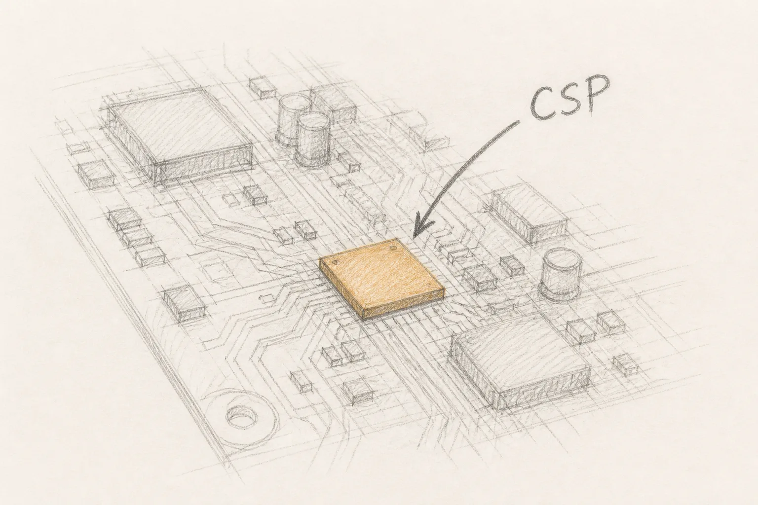 Computer circuit board with arrow pointing to a chip labeled CSP