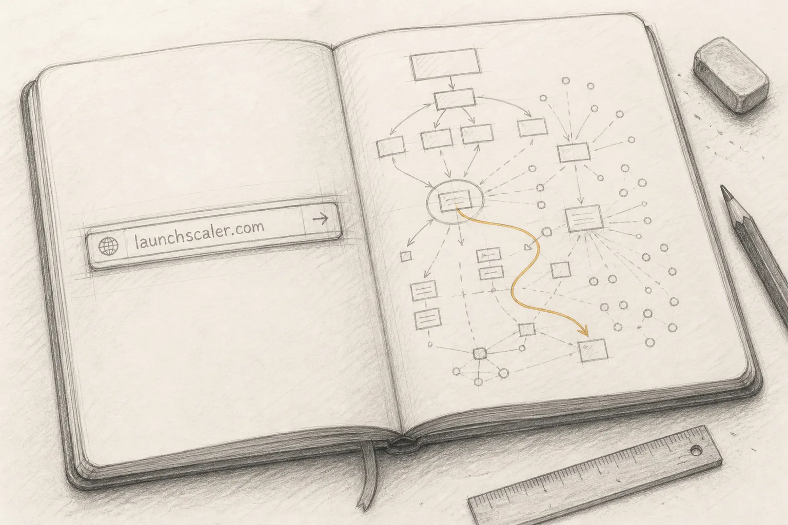 A notebook open on a workbench; one page shows a sketched URL bar with text, the other shows loose diagrams of website links and data points, one path highlighted in warm ochre.