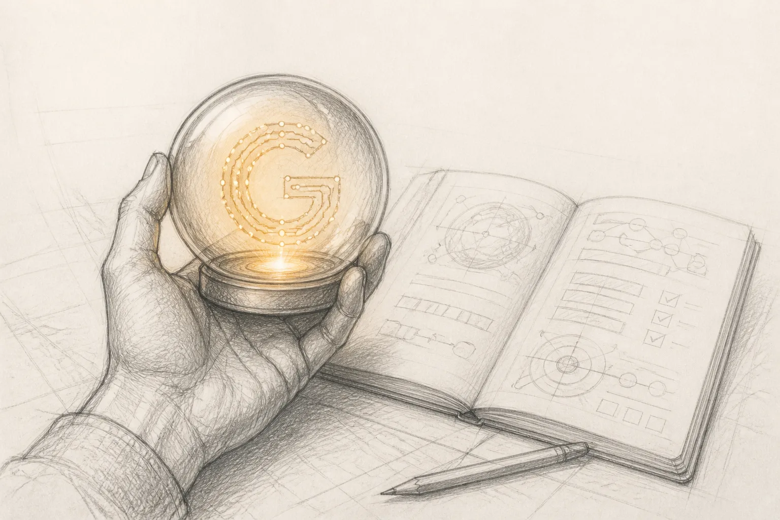 A hand holding a glass dome reflecting a circuit-style letter G, sitting on a drafting table beside notebook sketches.