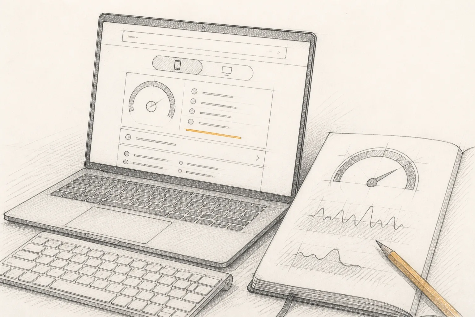 A laptop screen showing PageSpeed Insights mobile card open; beside it, a sketchbook page with drawn speedometer lines and waveforms annotated in graphite.