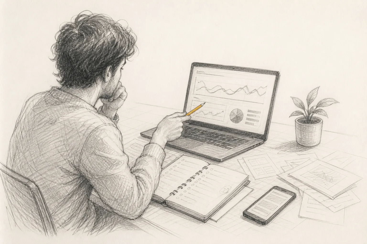A hand-drawn sketch of a founder reviewing search data on a laptop, surrounded by notebooks and notes, illustrating the process of fixing SEO visibility.