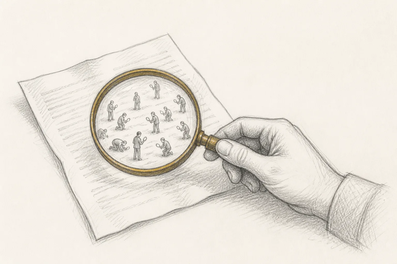 A sketch of a magnifying glass over a query list, revealing searchers.