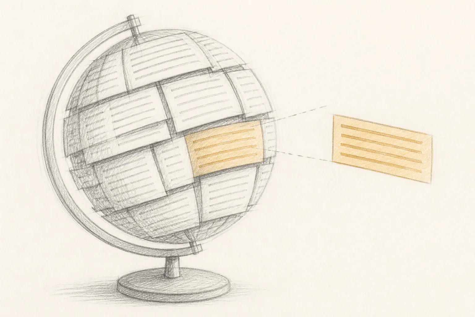 A pencil sketch of stacked documents with one highlighted paragraph in ochre, others in graphite.