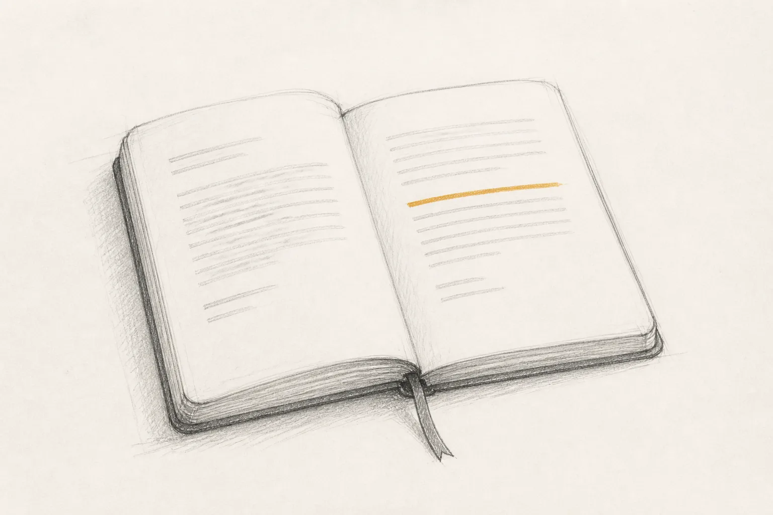 Pencil sketch of an open notebook with one sentence underlined in ochre.