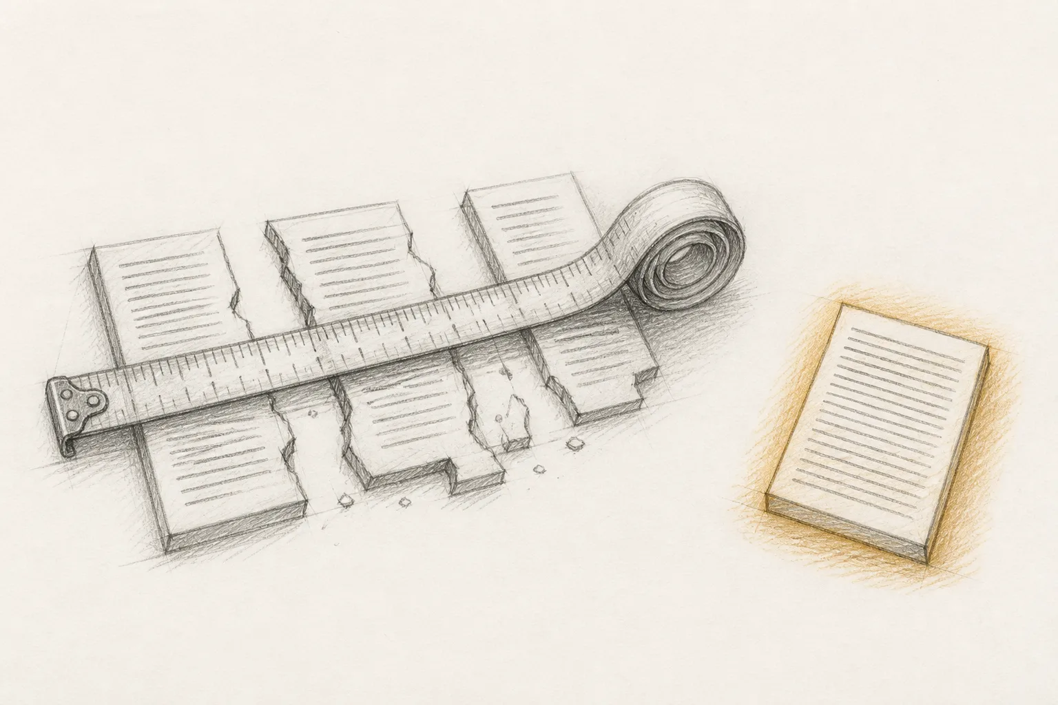 Pencil sketch of a ruler across fragmented text.