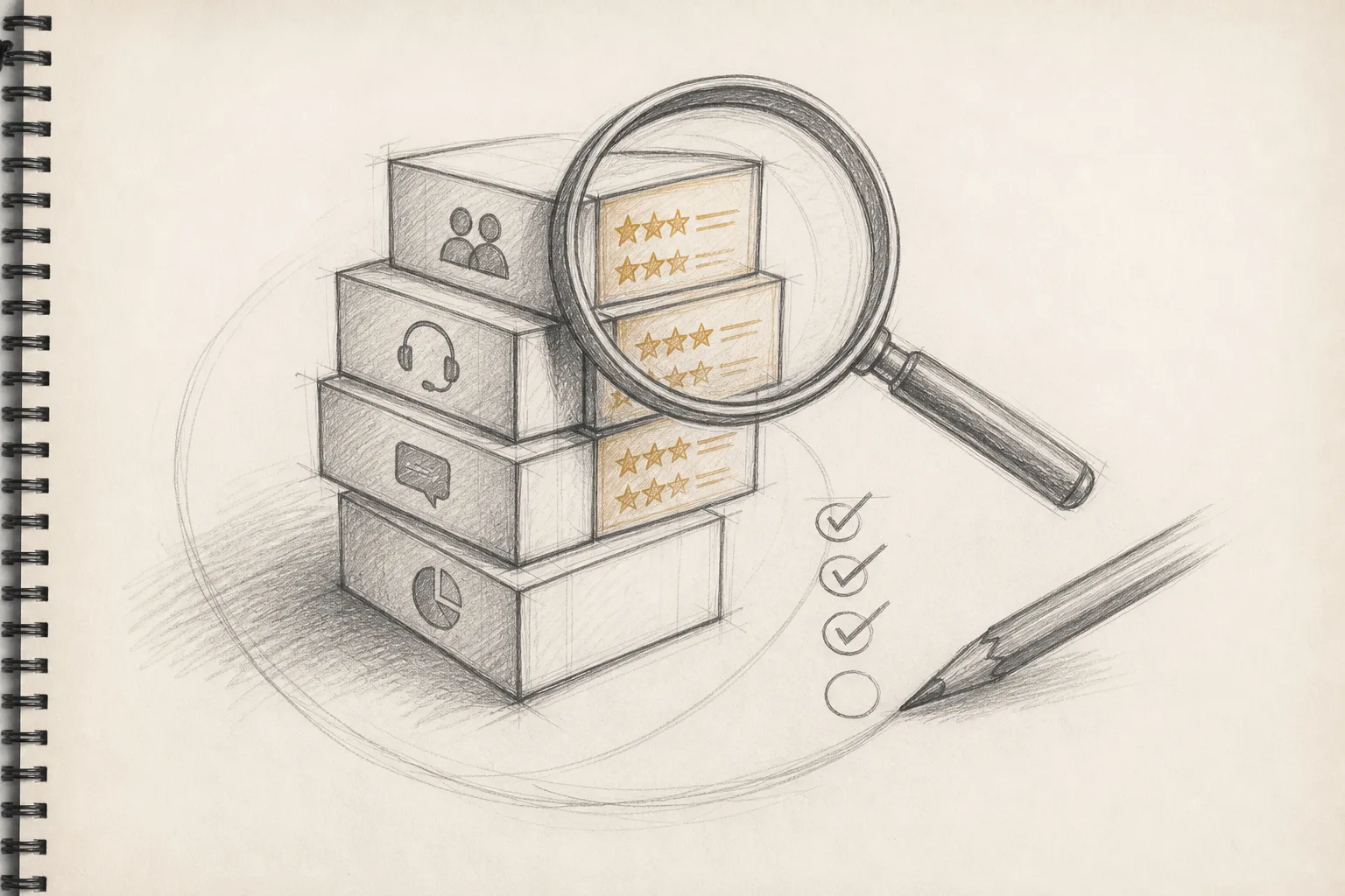 A sketch of a notebook page with stacked software boxes and a magnifying glass inspecting them, drawn in warm graphite on white paper.