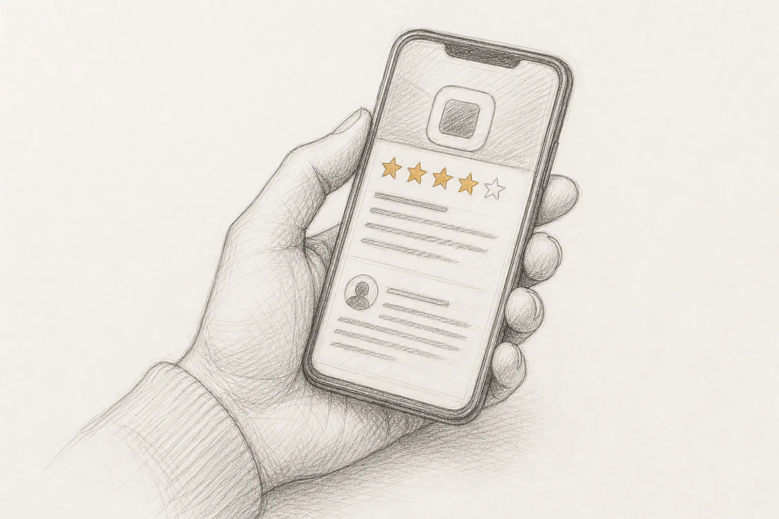 A hand holding a smartphone showing a software review page with star ratings and written review text.