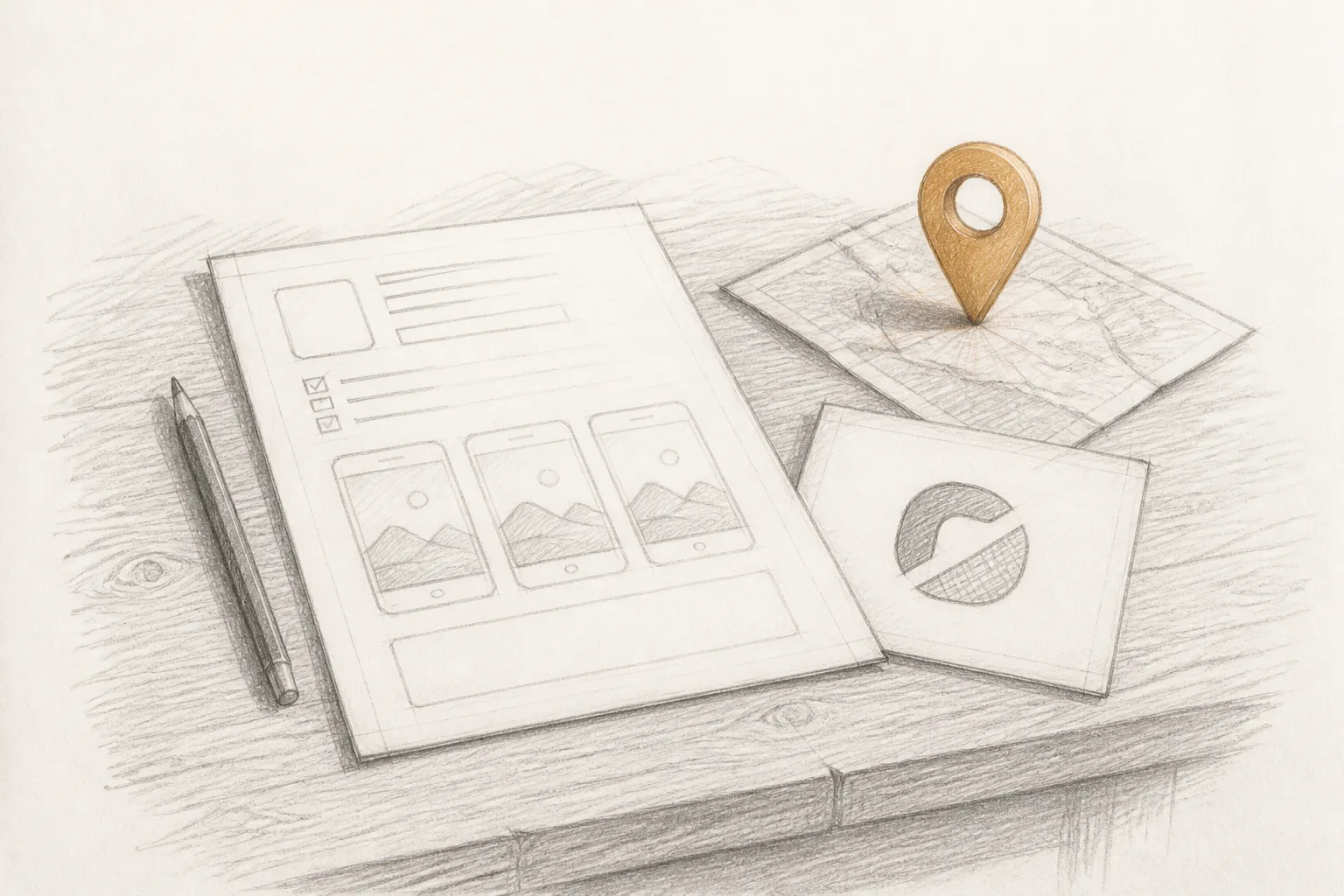 A sketch of a desk with a submission form, product logo, and a map pin, drawn in warm graphite on white paper.