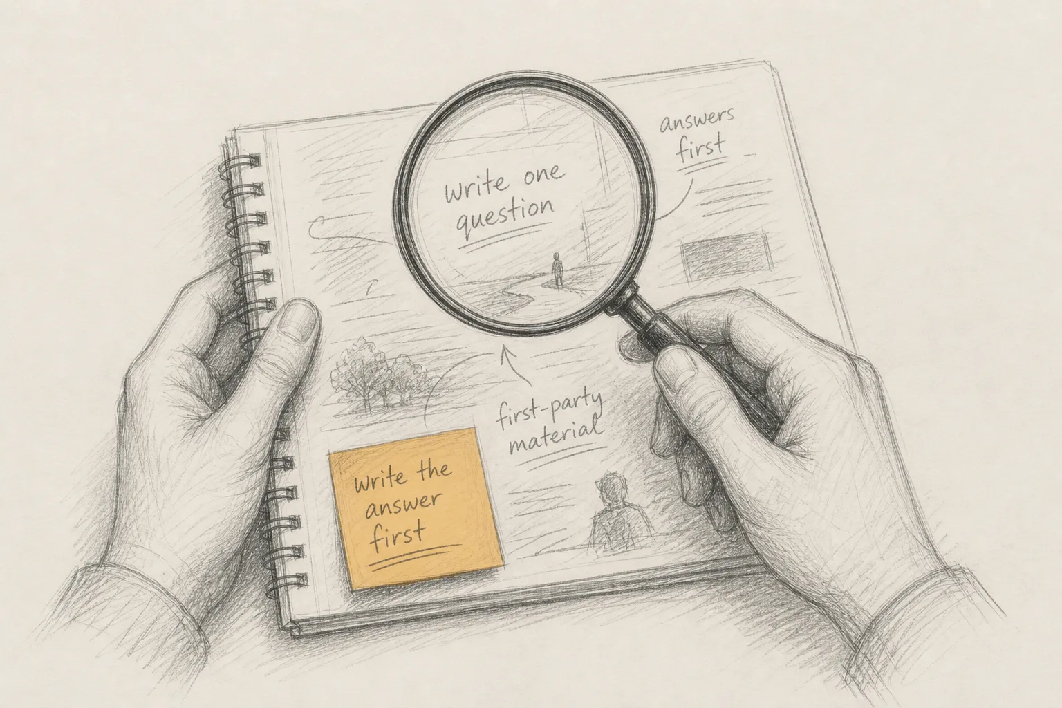 Hands holding a magnifying glass over sketchbook text snippets about writing SEO answers first, with a warm ochre highlight on the phrase "write the answer first".