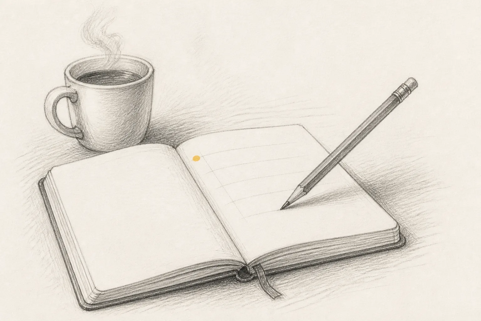 A pencil poised to write the first answer sentences on a notebook page, with a coffee mug nearby.