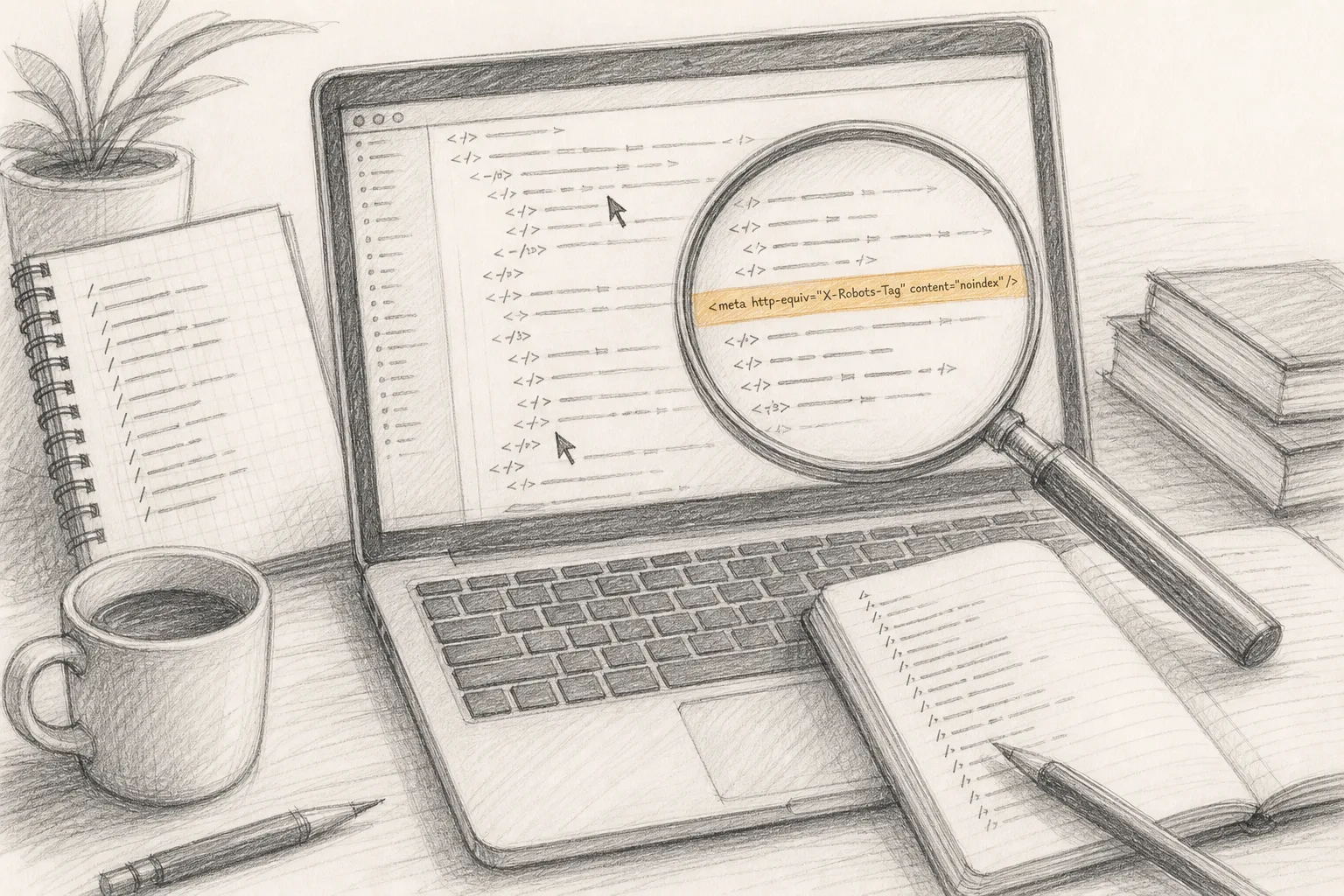 a terminal window showing source code and a notebook with URL paths, a magnifying glass highlighting a noindex header, on a warm white paper desk scene
