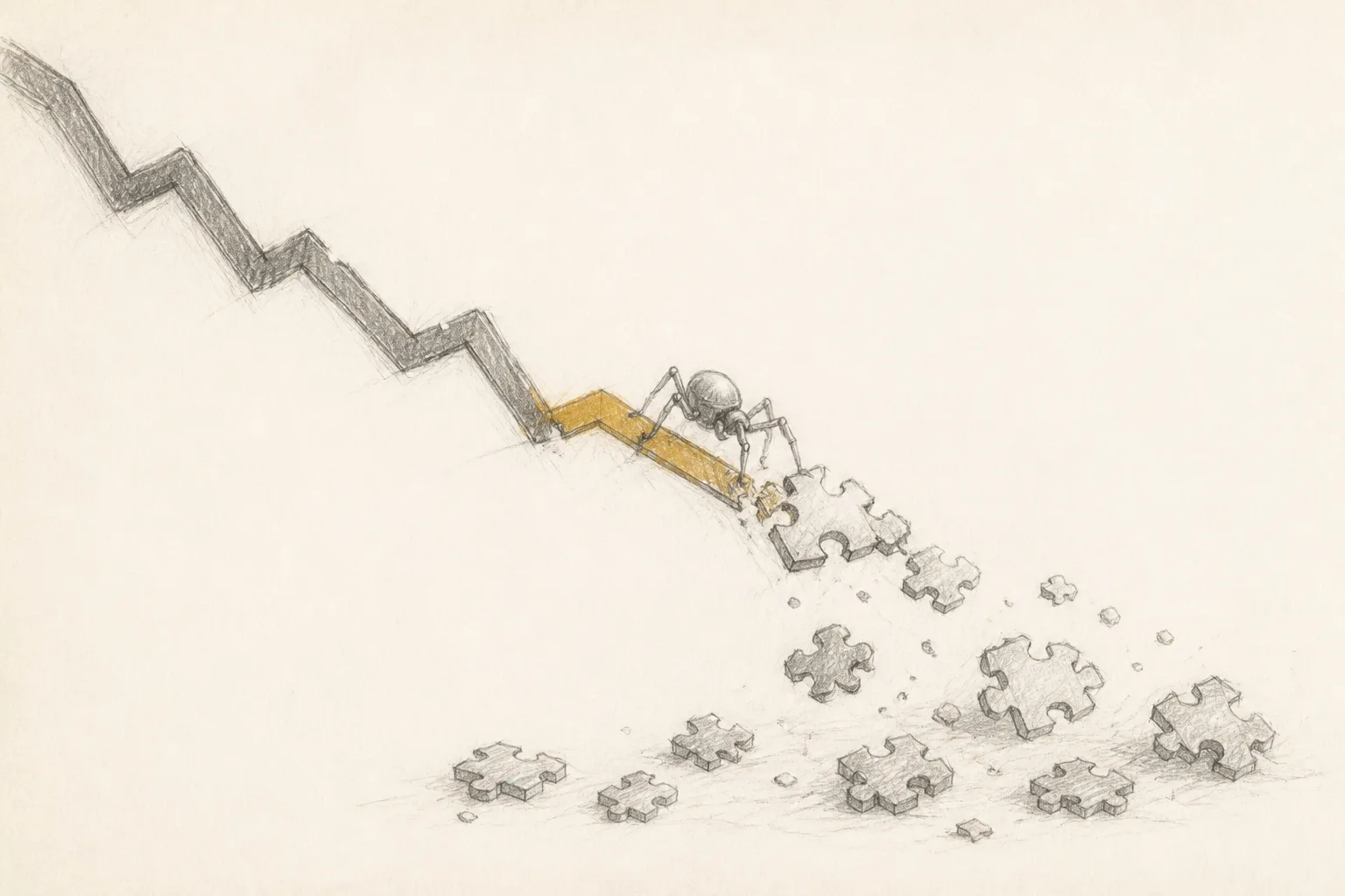 a pencil sketch of a breaking line graph on warm white paper