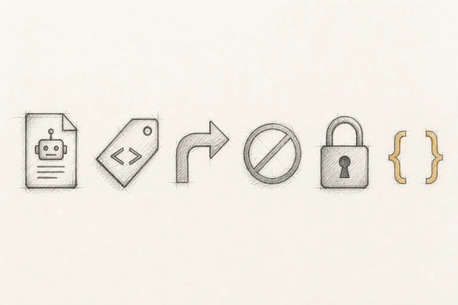 six simple line icons for SEO checks scattered on warm white paper