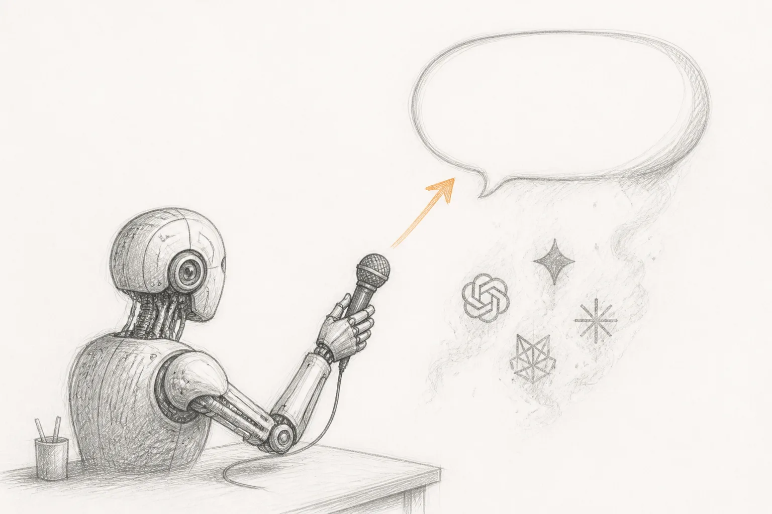 A sketch of a robot hand asking a question to a floating text bubble, with fading AI icons below and a single ochre arrow tracing the prompt.