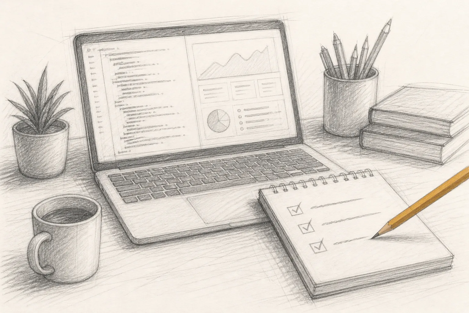 A workspace scene showing a notepad being annotated with checks about crawlable pages and lasting links, graphite sketch style with warm ochre accent
