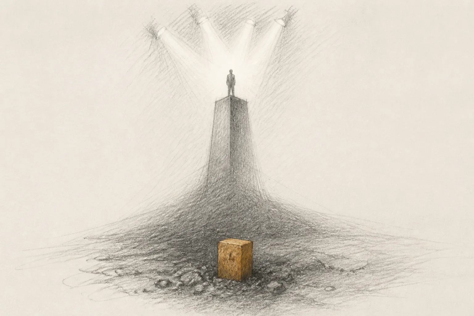 A person on a fading podium with a single sturdy brick marker remaining above ground, graphite sketch with ochre accent