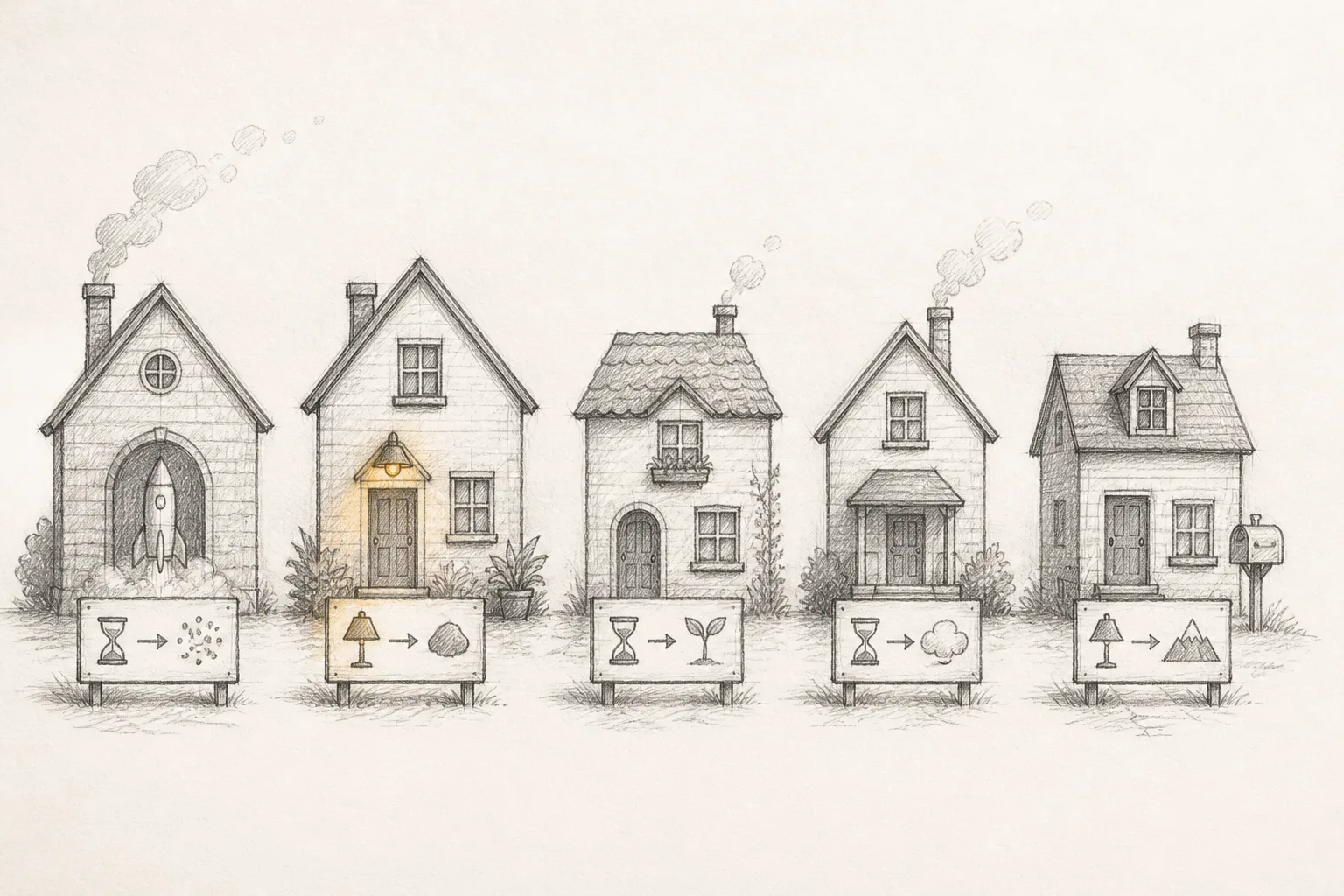 A row of five labeled houses showing venue lifespans, graphite sketch with one ochre accent on the Directory house