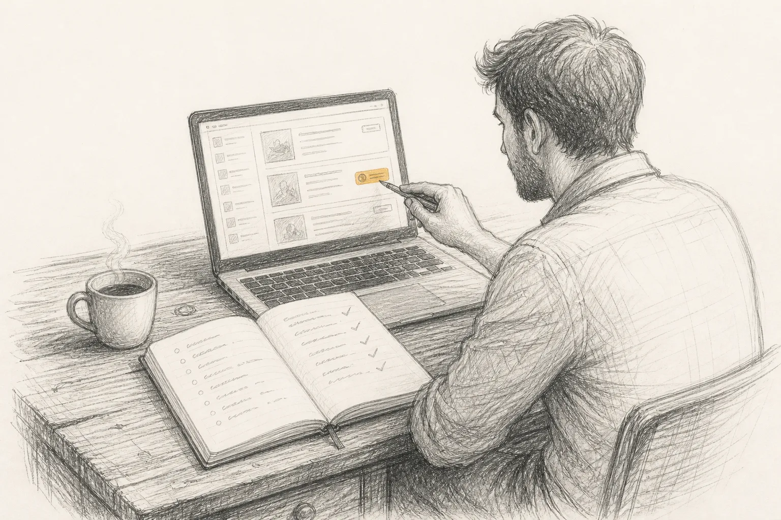A founder at a wooden desk reviewing a paid placement checklist on a laptop screen and a notebook, with a coffee cup and an open directory webpage visible.