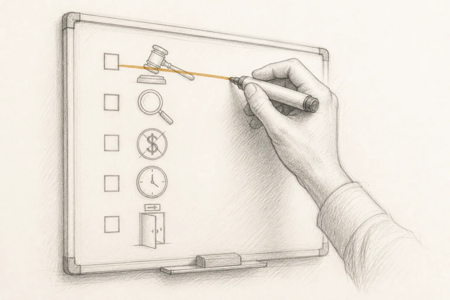A hand with a marker crossing out the 'A better verdict' item on a checklist of five items drawn as simple icons on a whiteboard.