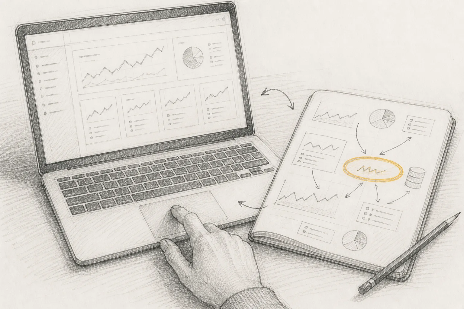 A laptop open on a desk, screen showing web analytics, with a notepad beside it. One word "Visibility" is highlighted in ochre pencil.