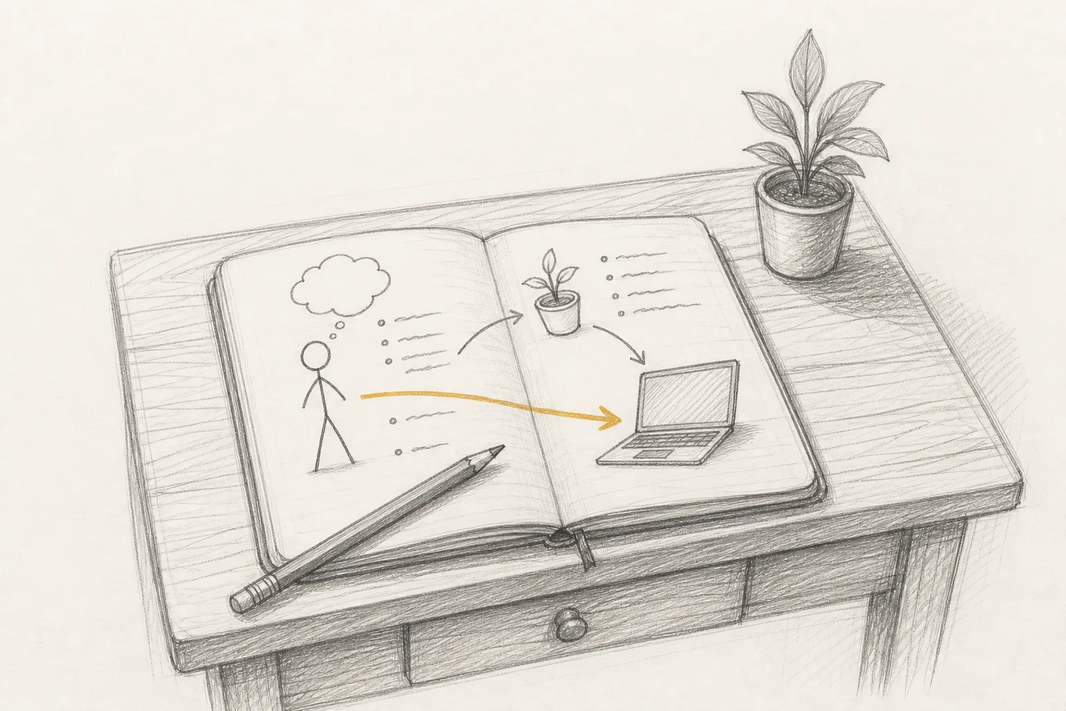 A notebook on a desk with handwritten bullet points connecting a sketched persona to a laptop and a plant.