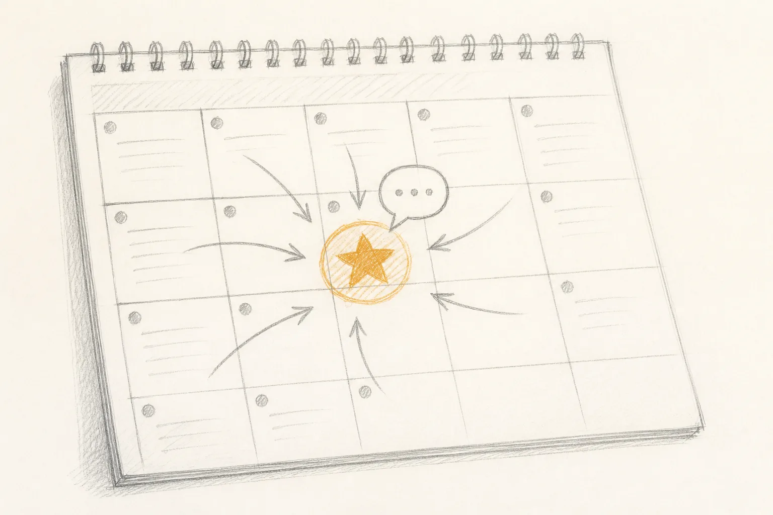A calendar page with a launch day marked in ochre and arrows pointing toward it.