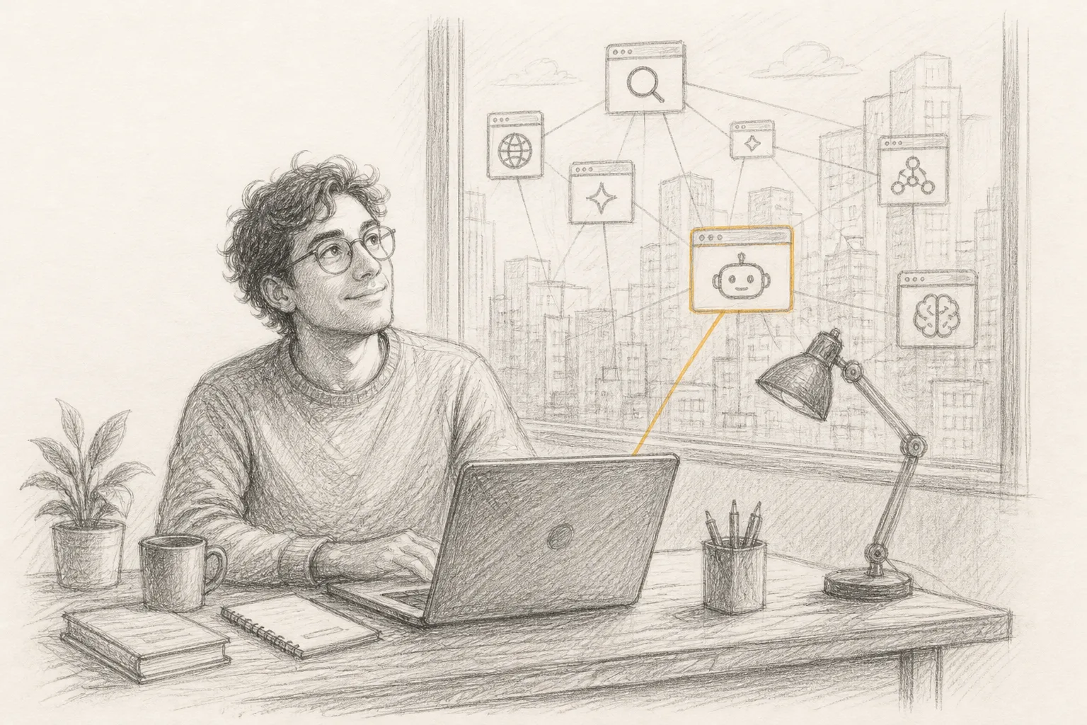 A founder at a desk, graphite lines connecting a laptop screen to stylised website icons outside the window, one line highlighted in ochre.