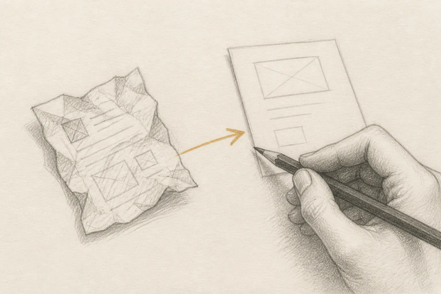 Hand sketching an arrow between two papers labelled 'Homepage' and 'Landing Page'.