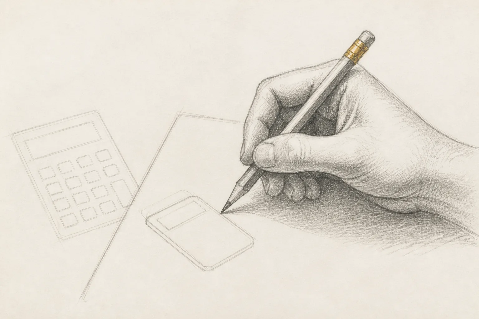 Hand holding a pencil over paper, drawing a calculator shape, ghostly interface outline beside it.