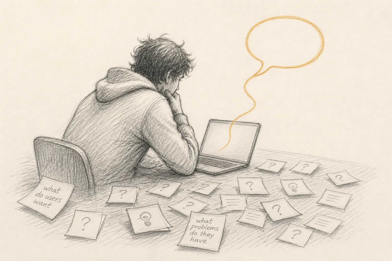 A founder at a desk with a laptop open, surrounded by question-mark sticky notes, one highlighted in warm ochre.