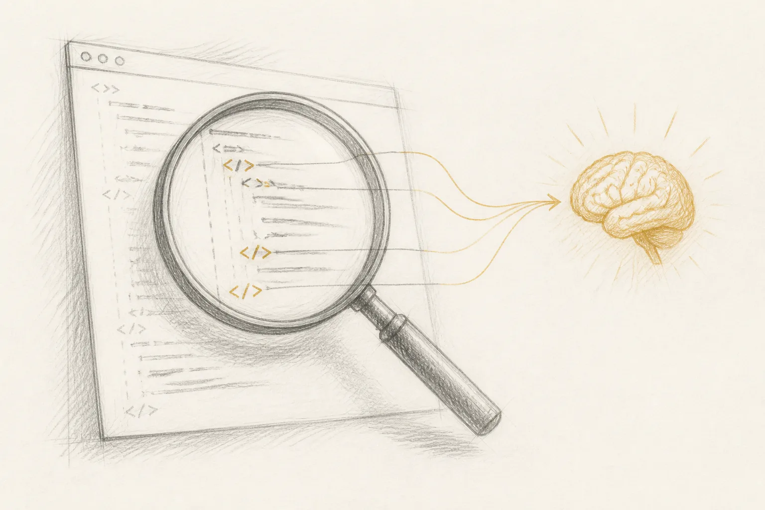 A magnifying glass over code with ochre highlights pointing to tags.