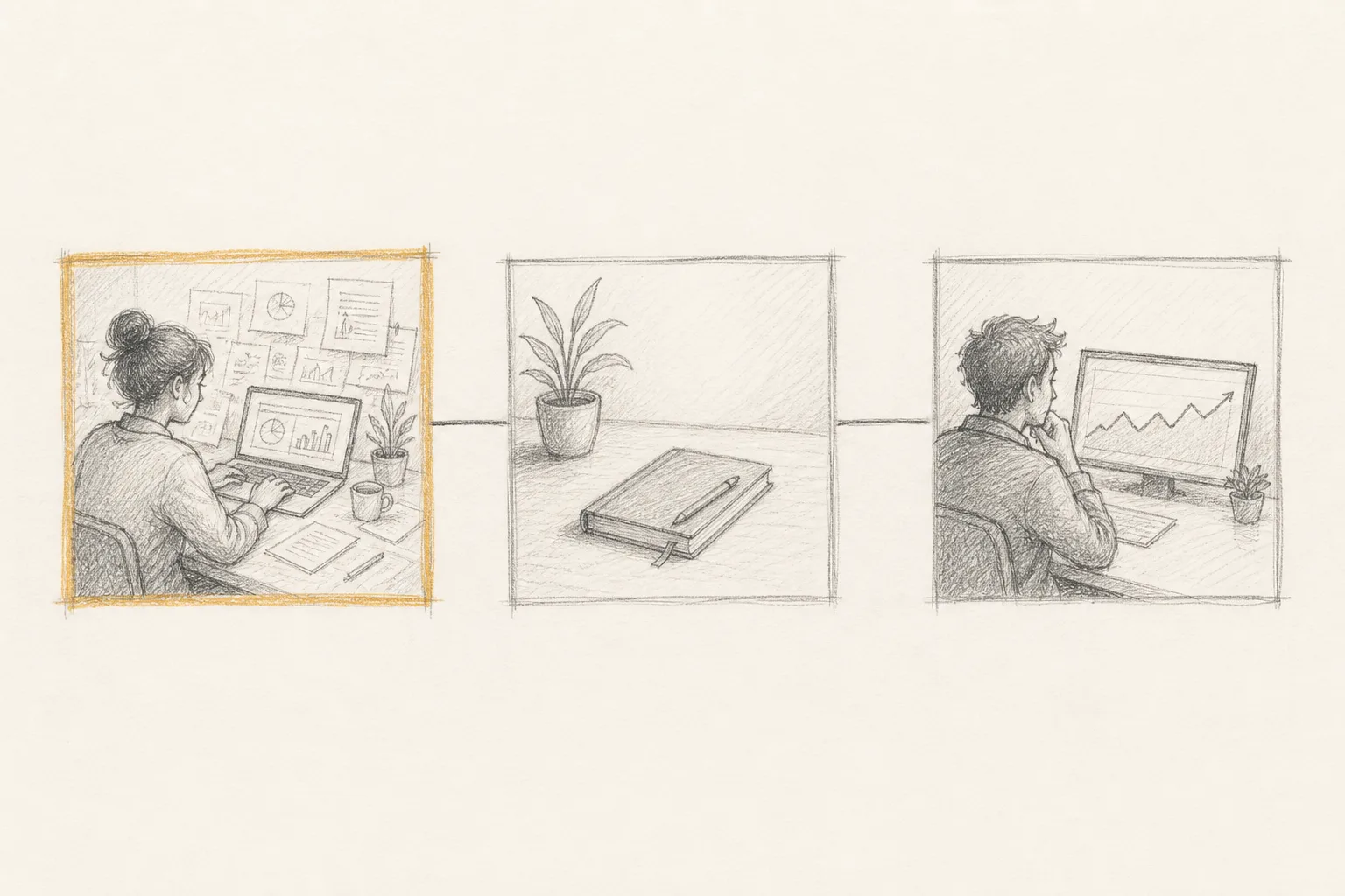 A three-month calendar sketch with varying activity levels, ochre highlighting the first month.