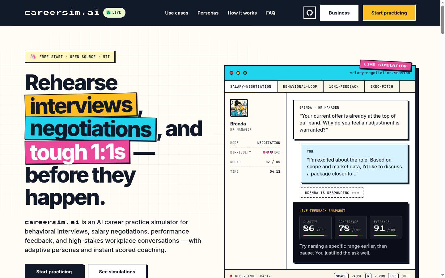 careersim.ai: Above the fold