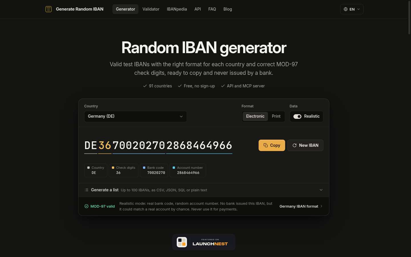 Random IBAN Generator: Above the fold