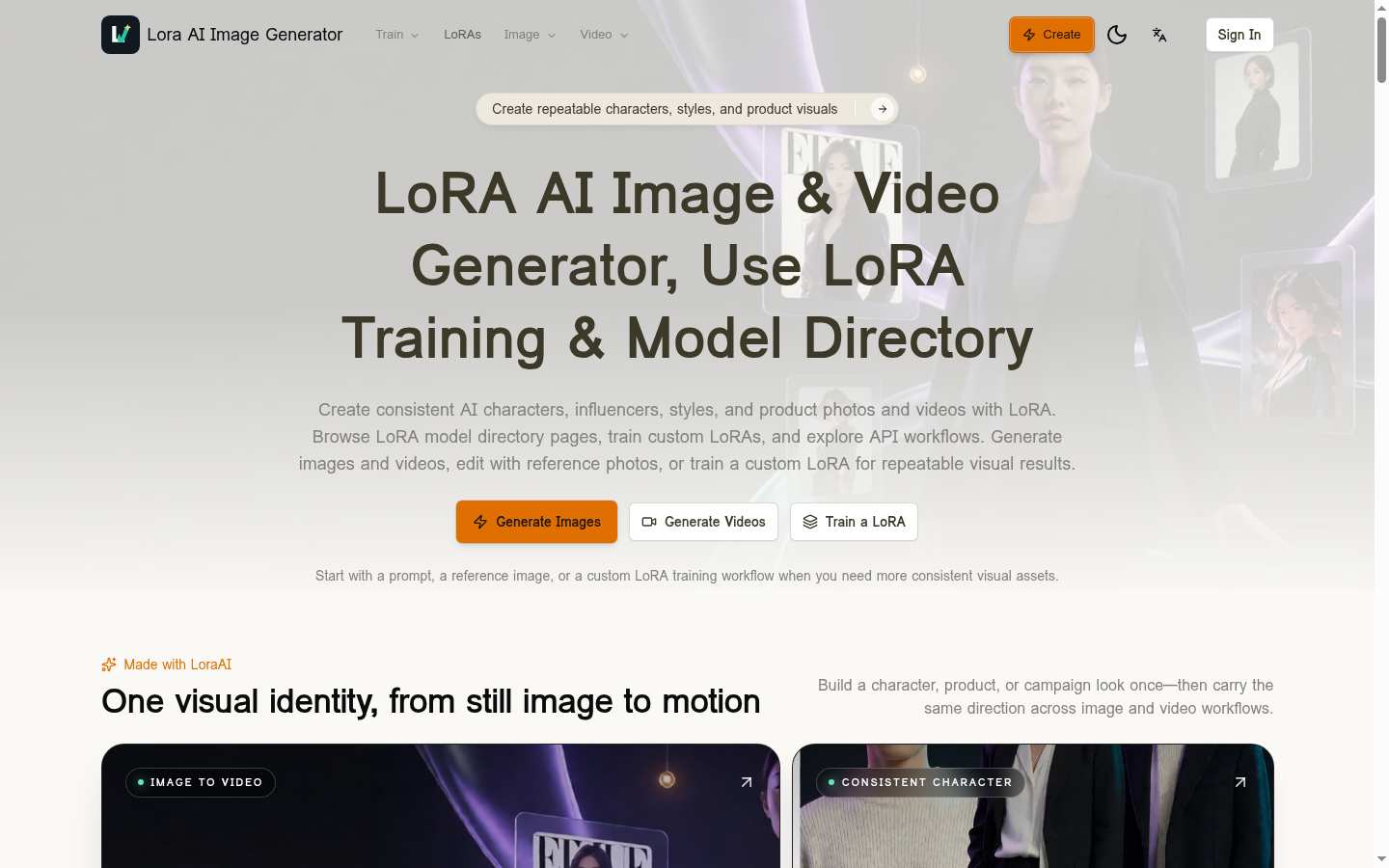 LoRA AI video Generator: Above the fold